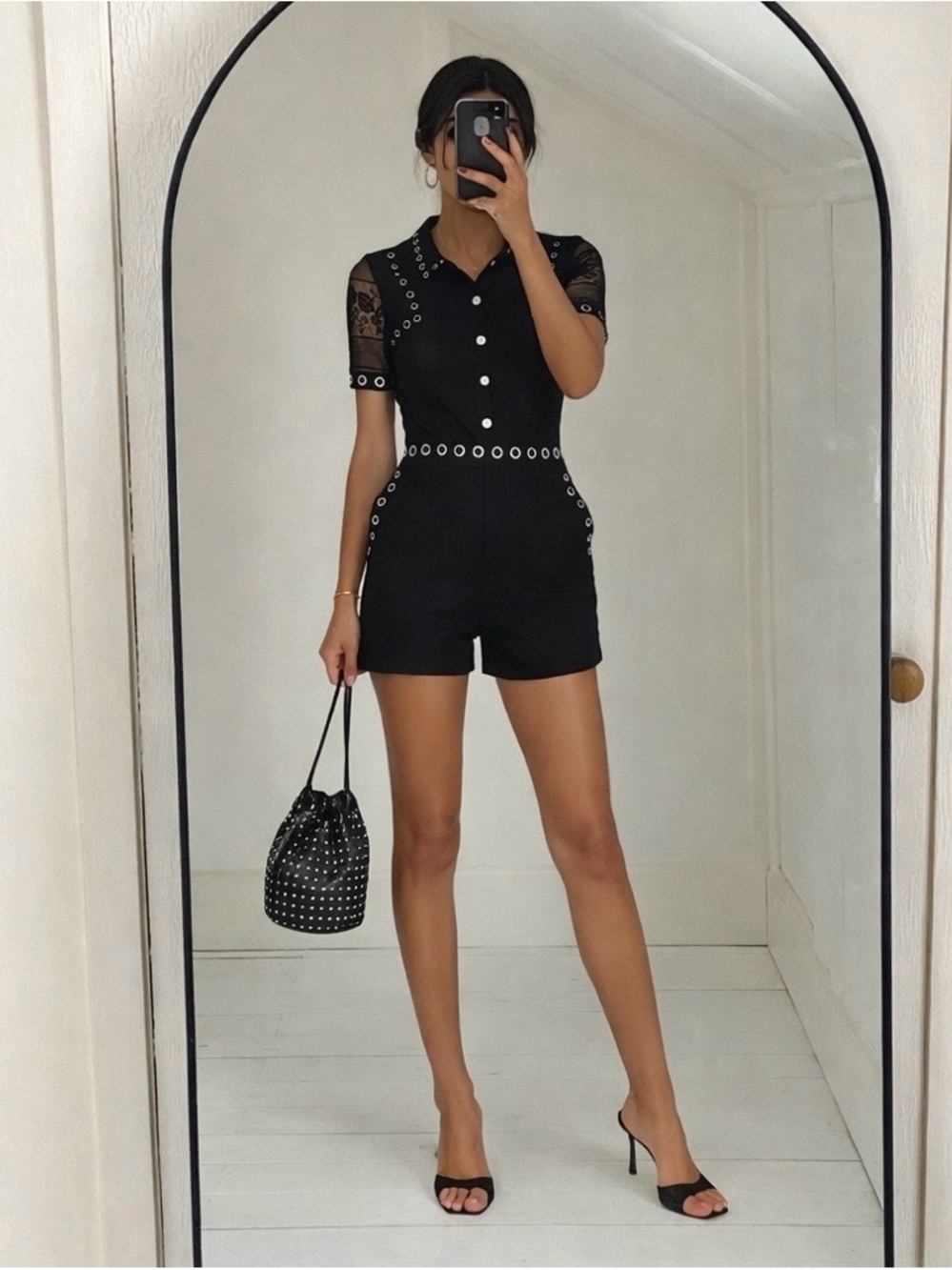 Maje Lace Playsuit Black Silver Hardware Snap Front Romper Size 36